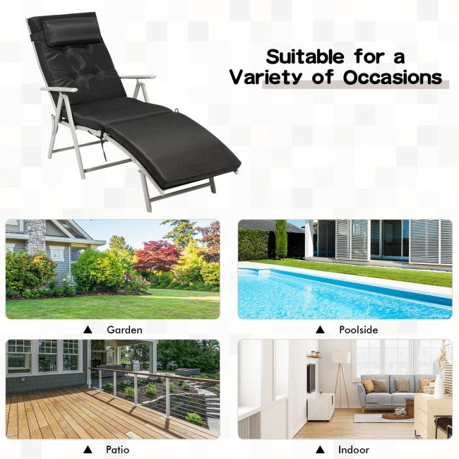 Outdoor 7-Position Folding Chaise Lounge Chair Pool Reclining Beach Chair with Pillow and Cushion