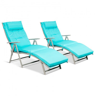 Outdoor 7-Position Folding Chaise Lounge Chair Pool Reclining Beach Chair with Pillow and Cushion