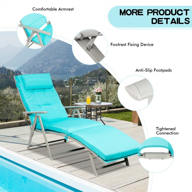 Outdoor 7-Position Folding Chaise Lounge Chair Pool Reclining Beach Chair with Pillow and Cushion