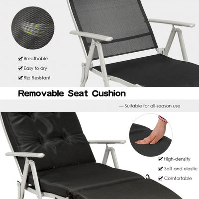 Outdoor 7-Position Folding Chaise Lounge Chair Pool Reclining Beach Chair with Pillow and Cushion