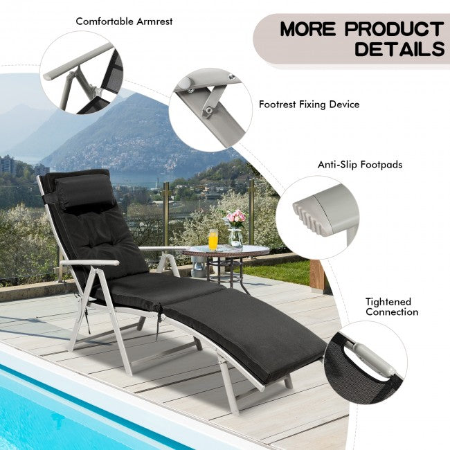 Outdoor 7-Position Folding Chaise Lounge Chair Pool Reclining Beach Chair with Pillow and Cushion