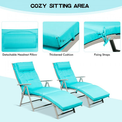 Outdoor 7-Position Folding Chaise Lounge Chair Pool Reclining Beach Chair with Pillow and Cushion