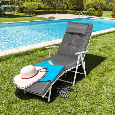 Outdoor 7-Position Folding Chaise Lounge Chair Pool Reclining Beach Chair with Pillow and Cushion