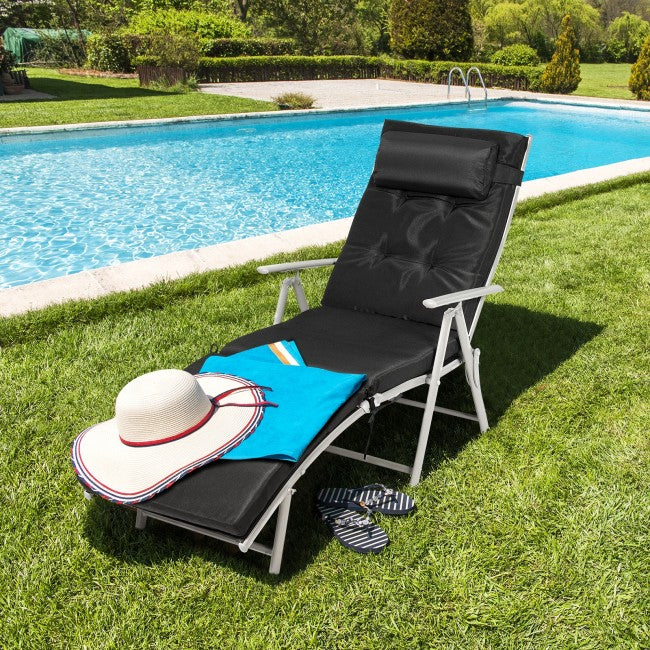 Outdoor 7-Position Folding Chaise Lounge Chair Pool Reclining Beach Chair with Pillow and Cushion