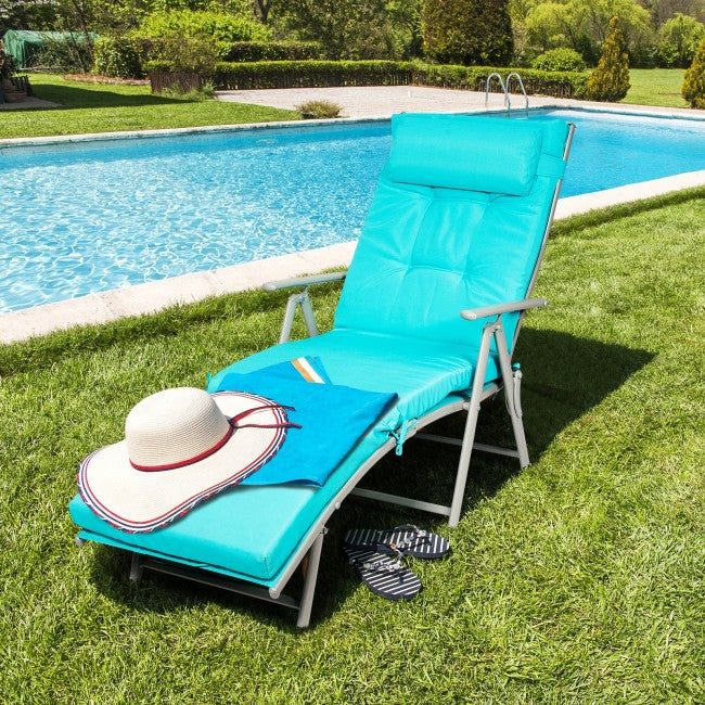 Outdoor 7-Position Folding Chaise Lounge Chair Pool Reclining Beach Chair with Pillow and Cushion
