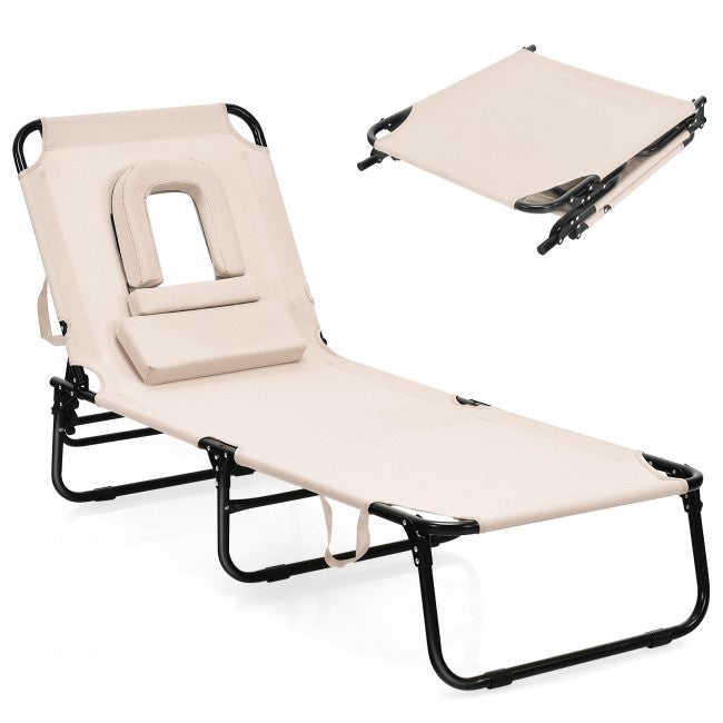 Outdoor Adjustable Folding Beach Lounge Chaise Patio Pool Recliner Chair with Detachable Pillows