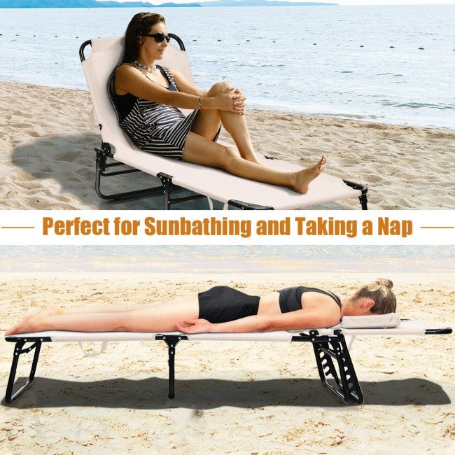 Outdoor Adjustable Folding Beach Lounge Chaise Patio Pool Recliner Chair with Detachable Pillows