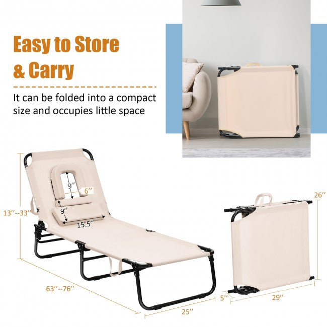 Outdoor Adjustable Folding Beach Lounge Chaise Patio Pool Recliner Chair with Detachable Pillows