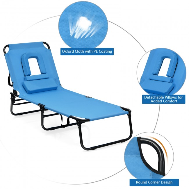 Outdoor Adjustable Folding Beach Lounge Chaise Patio Pool Recliner Chair with Detachable Pillows