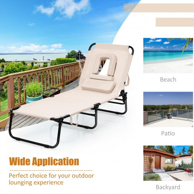 Outdoor Adjustable Folding Beach Lounge Chaise Patio Pool Recliner Chair with Detachable Pillows