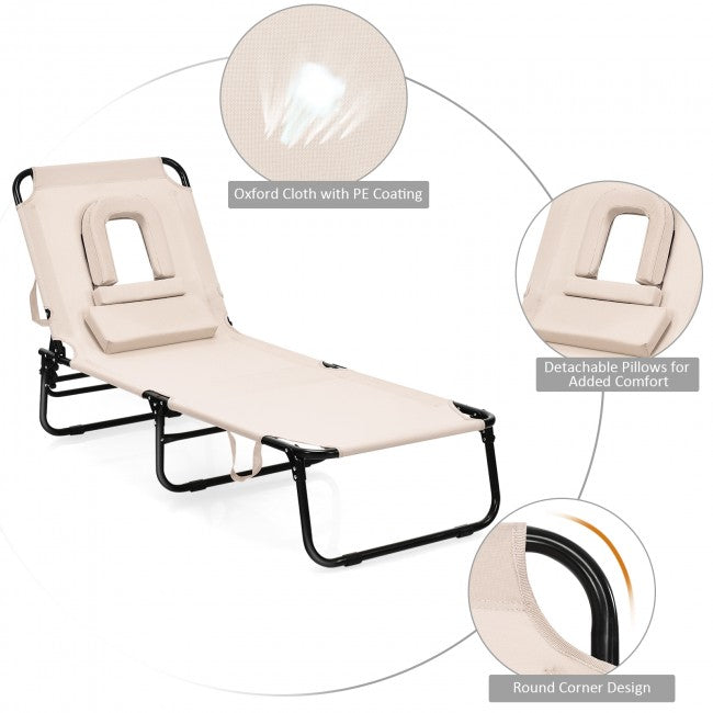 Outdoor Adjustable Folding Beach Lounge Chaise Patio Pool Recliner Chair with Detachable Pillows