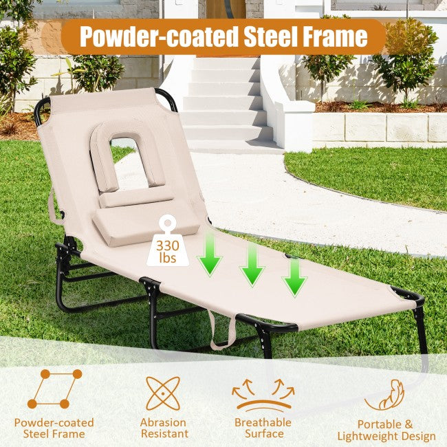 Outdoor Adjustable Folding Beach Lounge Chaise Patio Pool Recliner Chair with Detachable Pillows