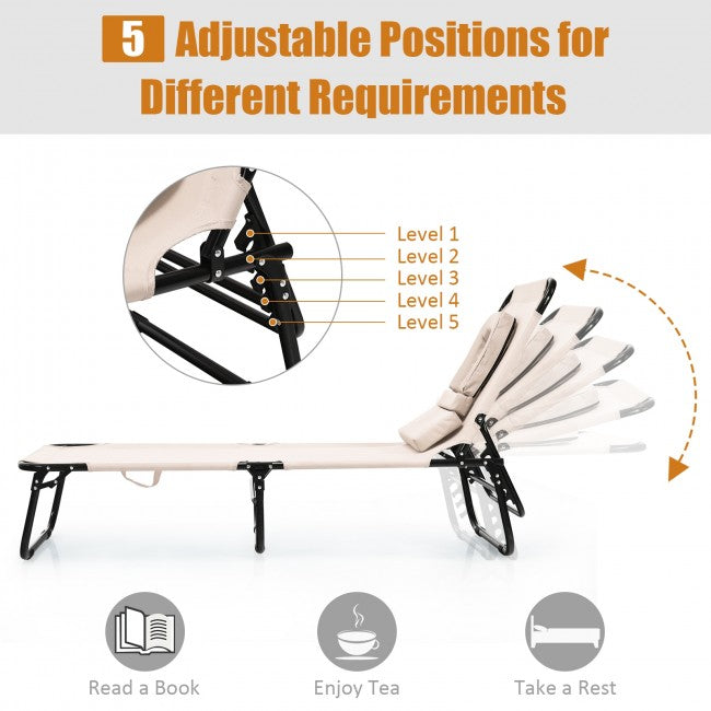Outdoor Adjustable Folding Beach Lounge Chaise Patio Pool Recliner Chair with Detachable Pillows