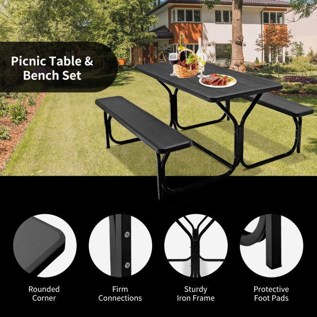 Outdoor Camping Table Bench Set Picnic All Weather Dining Set with Metal Base and Wood-Like Texture