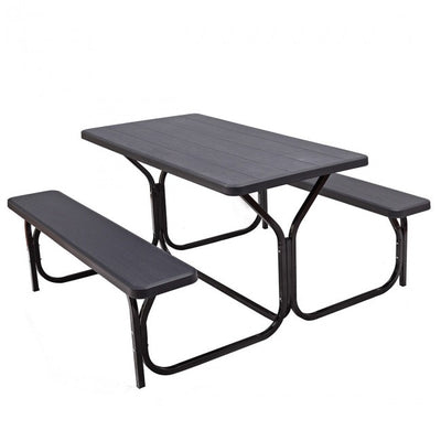 Outdoor Camping Table Bench Set Picnic All Weather Dining Set with Metal Base and Wood-Like Texture