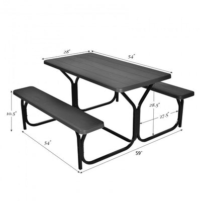 Outdoor Camping Table Bench Set Picnic All Weather Dining Set with Metal Base and Wood-Like Texture