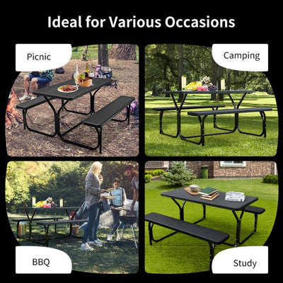 Outdoor Camping Table Bench Set Picnic All Weather Dining Set with Metal Base and Wood-Like Texture