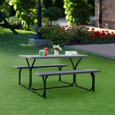 Outdoor Camping Table Bench Set Picnic All Weather Dining Set with Metal Base and Wood-Like Texture