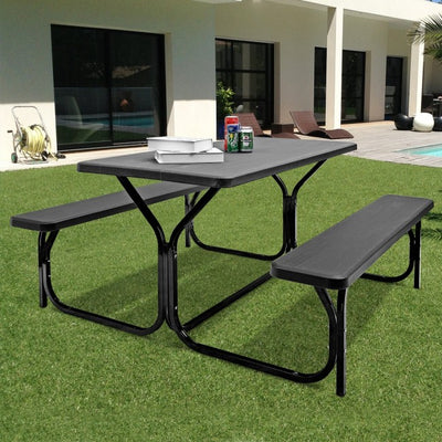 Outdoor Camping Table Bench Set Picnic All Weather Dining Set with Metal Base and Wood-Like Texture