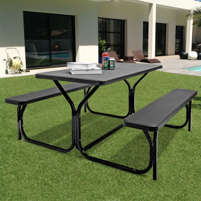 Outdoor Camping Table Bench Set Picnic All Weather Dining Set with Metal Base and Wood-Like Texture