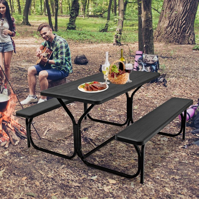 Outdoor Camping Table Bench Set Picnic All Weather Dining Set with Metal Base and Wood-Like Texture