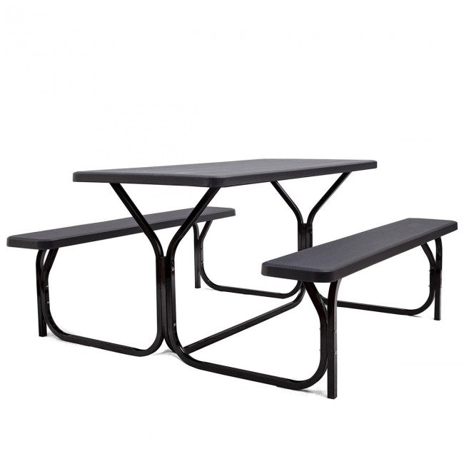 Outdoor Camping Table Bench Set Picnic All Weather Dining Set with Metal Base and Wood-Like Texture