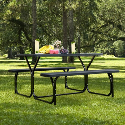 Outdoor Camping Table Bench Set Picnic All Weather Dining Set with Metal Base and Wood-Like Texture