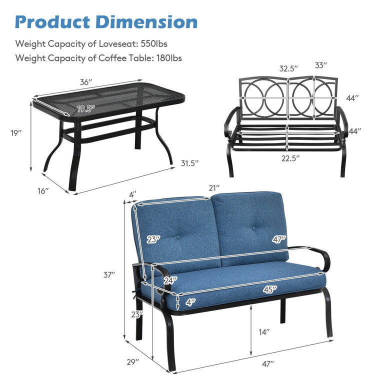 Outdoor Conversation Bench Set 2-Piece Patio Loveseat Sofa Set with Cushions and Coffee Table