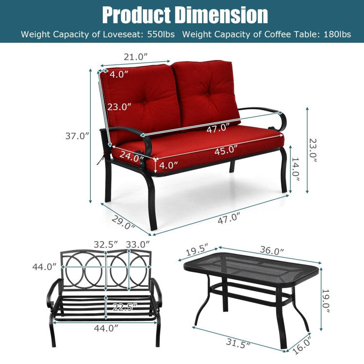 Outdoor Conversation Bench Set 2-Piece Patio Loveseat Sofa Set with Cushions and Coffee Table