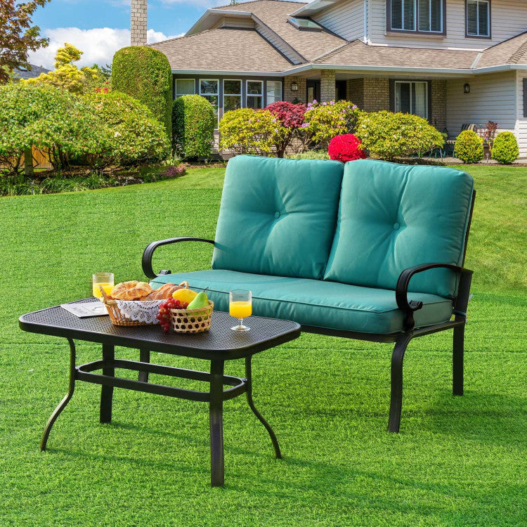 Outdoor Conversation Bench Set 2-Piece Patio Loveseat Sofa Set with Cushions and Coffee Table