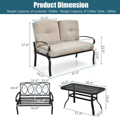 Outdoor Conversation Bench Set 2-Piece Patio Loveseat Sofa Set with Cushions and Coffee Table