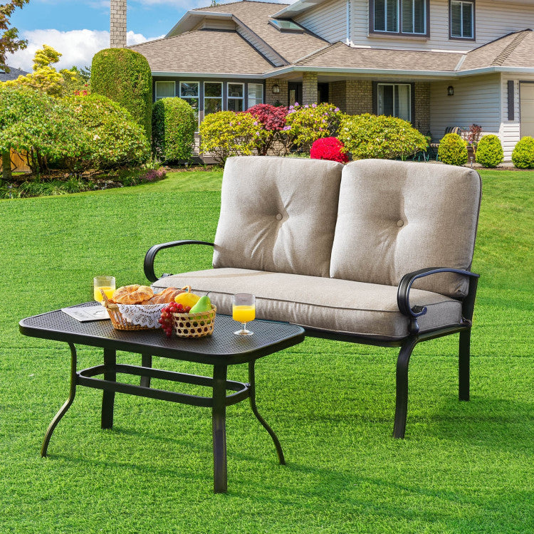 Outdoor Conversation Bench Set 2-Piece Patio Loveseat Sofa Set with Cushions and Coffee Table