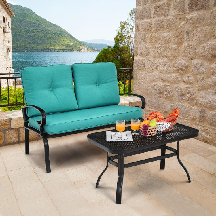 Outdoor Conversation Bench Set 2-Piece Patio Loveseat Sofa Set with Cushions and Coffee Table