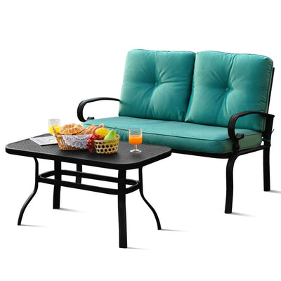 Outdoor Conversation Bench Set 2-Piece Patio Loveseat Sofa Set with Cushions and Coffee Table