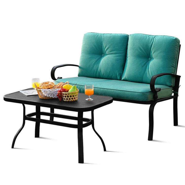 Outdoor Conversation Bench Set 2-Piece Patio Loveseat Sofa Set with Cushions and Coffee Table