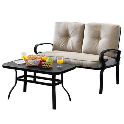 Outdoor Conversation Bench Set 2-Piece Patio Loveseat Sofa Set with Cushions and Coffee Table