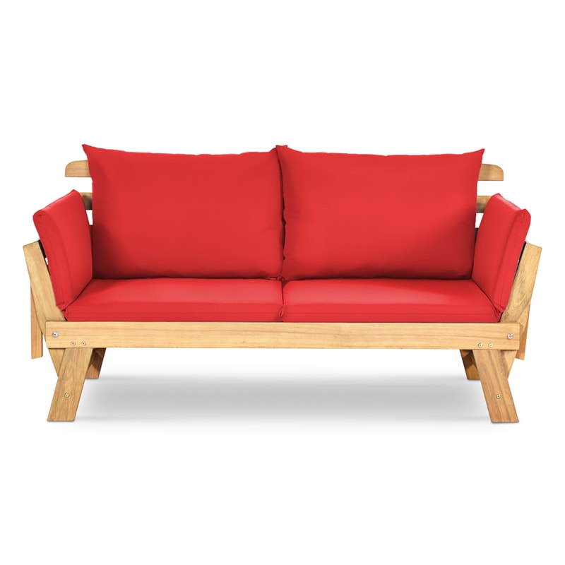 Outdoor Acacia Wood Daybed Patio Folding Convertible Sofa Bed  Lounge Bench with Cushion and Adjustable Armrest