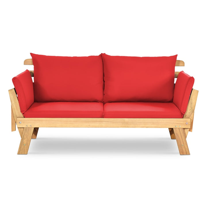 Outdoor Acacia Wood Daybed Patio Folding Convertible Sofa Bed  Lounge Bench with Cushion and Adjustable Armrest