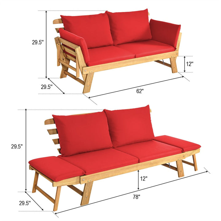 Outdoor Acacia Wood Daybed Patio Folding Convertible Sofa Bed  Lounge Bench with Cushion and Adjustable Armrest