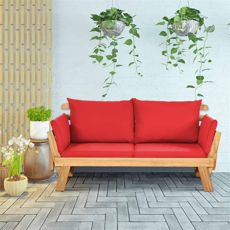 Outdoor Acacia Wood Daybed Patio Folding Convertible Sofa Bed  Lounge Bench with Cushion and Adjustable Armrest