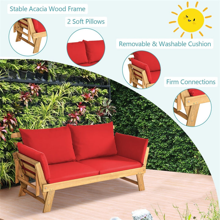 Outdoor Acacia Wood Daybed Patio Folding Convertible Sofa Bed  Lounge Bench with Cushion and Adjustable Armrest