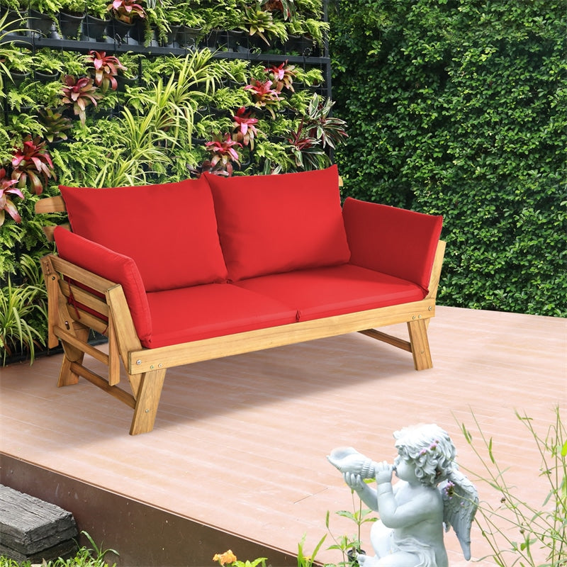 Outdoor Acacia Wood Daybed Patio Folding Convertible Sofa Bed  Lounge Bench with Cushion and Adjustable Armrest