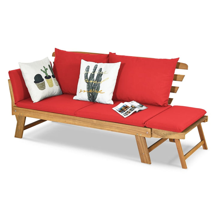Outdoor Acacia Wood Daybed Patio Folding Convertible Sofa Bed  Lounge Bench with Cushion and Adjustable Armrest