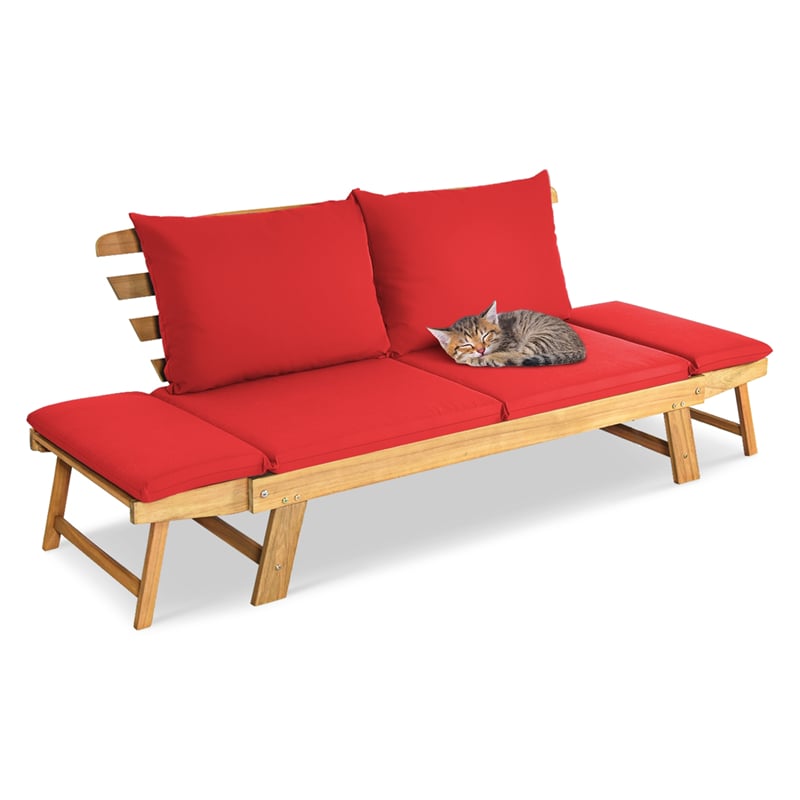 Outdoor Acacia Wood Daybed Patio Folding Convertible Sofa Bed  Lounge Bench with Cushion and Adjustable Armrest