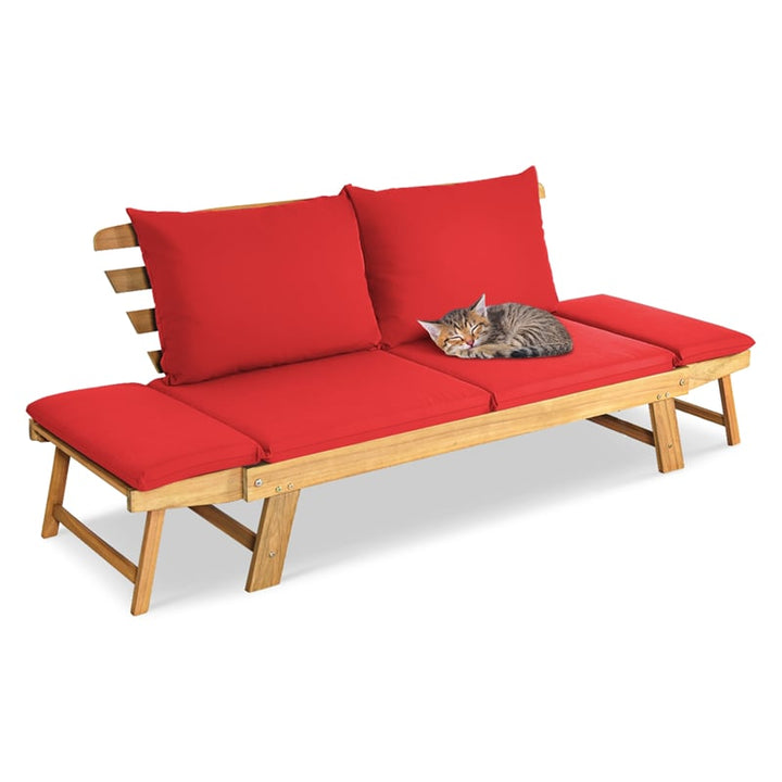Outdoor Acacia Wood Daybed Patio Folding Convertible Sofa Bed  Lounge Bench with Cushion and Adjustable Armrest