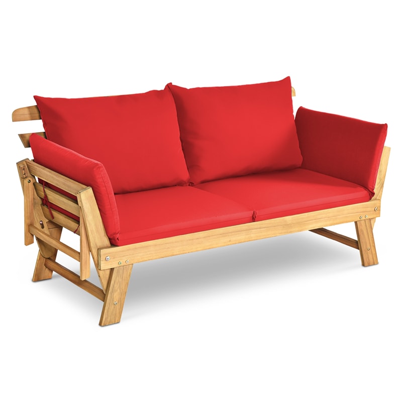 Outdoor Acacia Wood Daybed Patio Folding Convertible Sofa Bed  Lounge Bench with Cushion and Adjustable Armrest