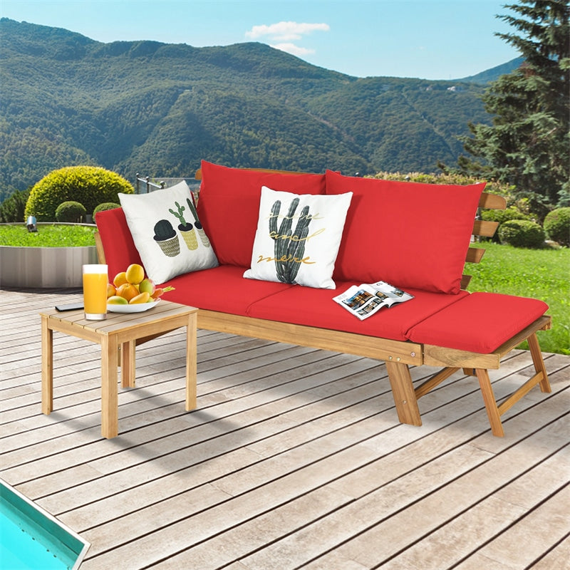 Outdoor Acacia Wood Daybed Patio Folding Convertible Sofa Bed  Lounge Bench with Cushion and Adjustable Armrest