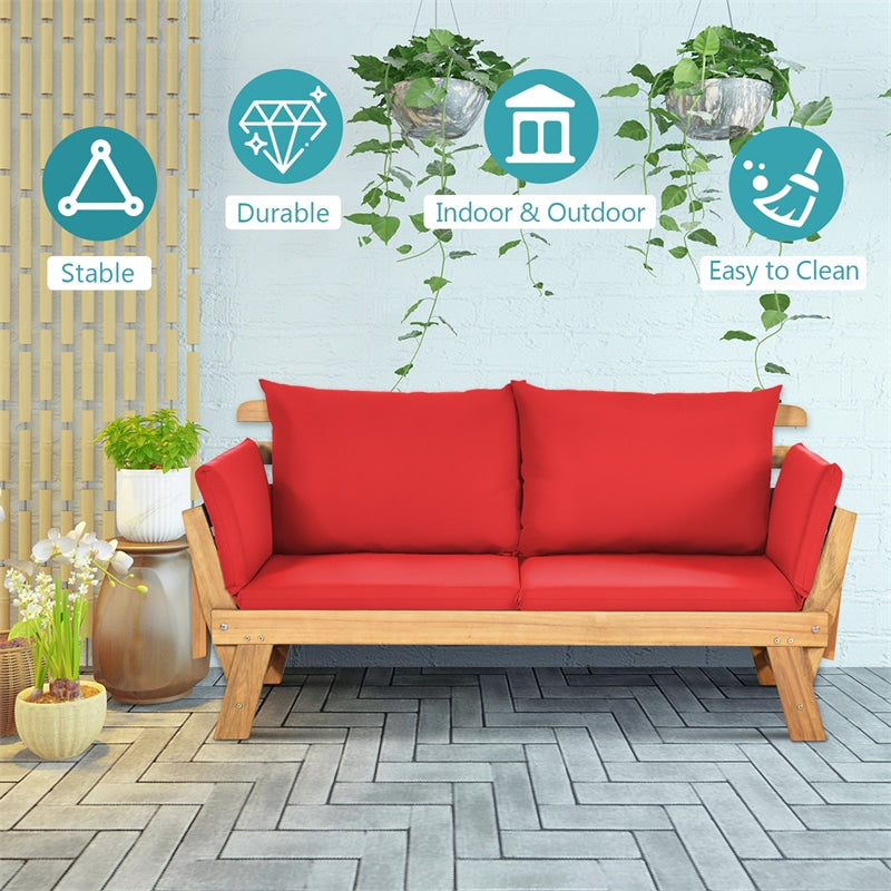 Outdoor Acacia Wood Daybed Patio Folding Convertible Sofa Bed  Lounge Bench with Cushion and Adjustable Armrest