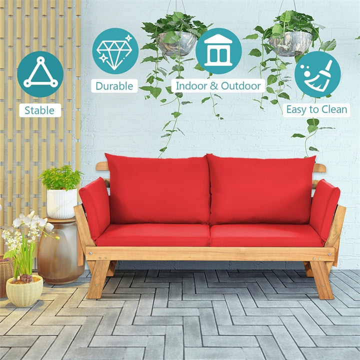 Outdoor Acacia Wood Daybed Patio Folding Convertible Sofa Bed  Lounge Bench with Cushion and Adjustable Armrest