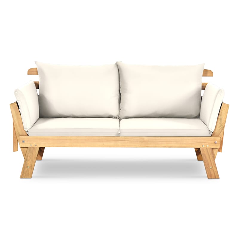 Outdoor Acacia Wood Daybed Patio Folding Convertible Sofa Bed  Lounge Bench with Cushion and Adjustable Armrest